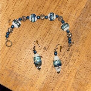 Handmade Blue & White Glass Bead Bracelet and Earrings Set